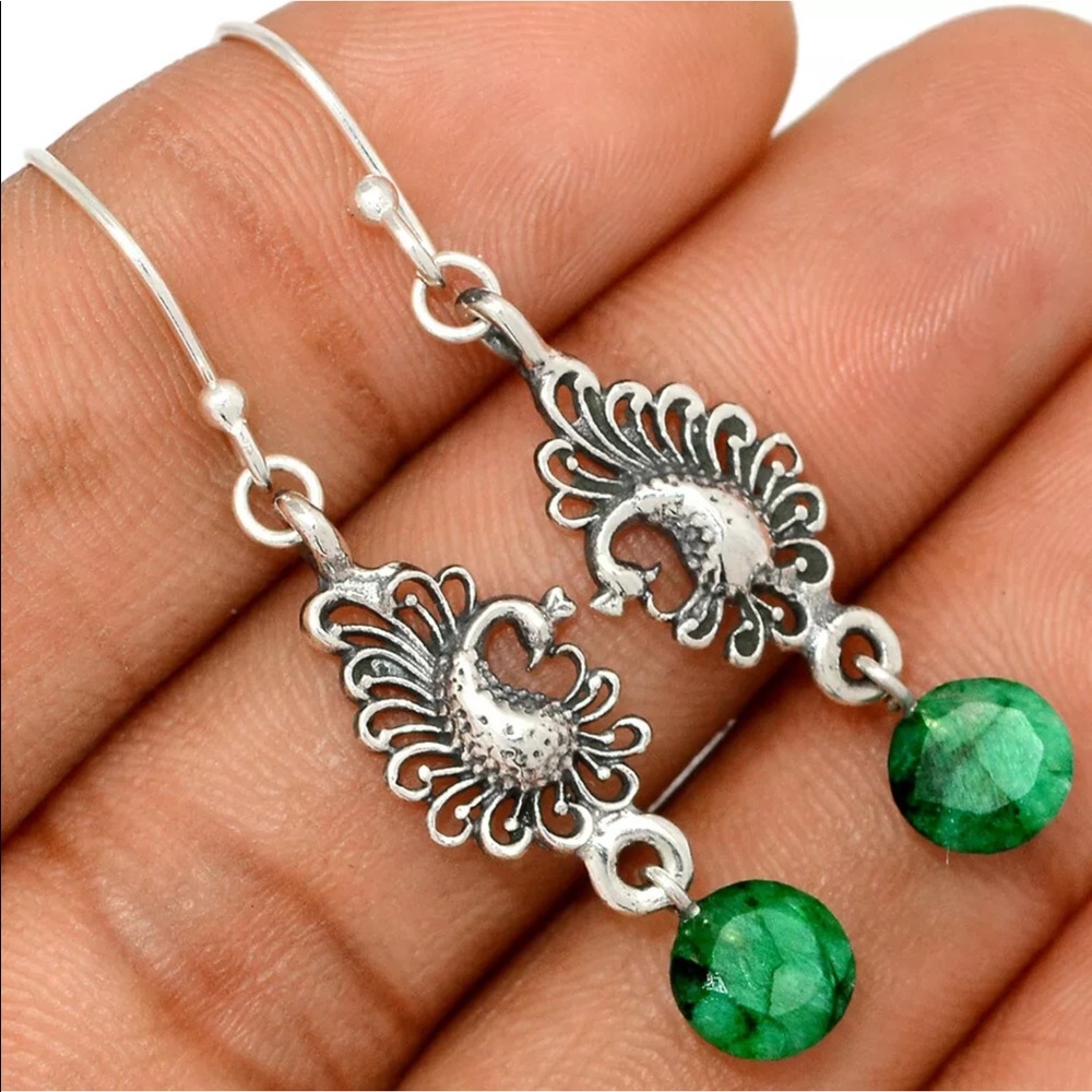 Natural emerald Sterling silver peacock earrings - Picture 1 of 2